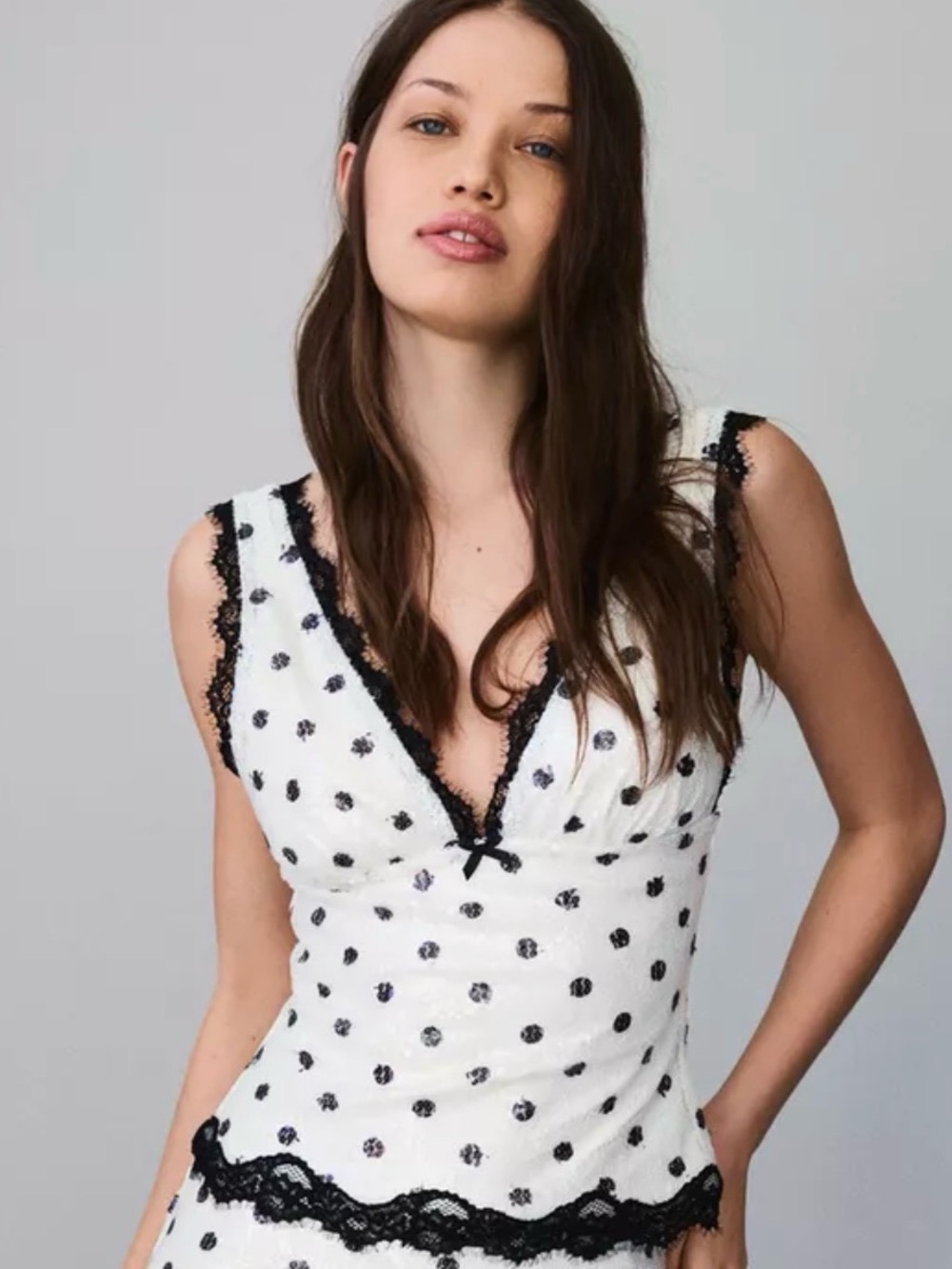 Bershka White Sequin Polka Dot Lace Cami Top